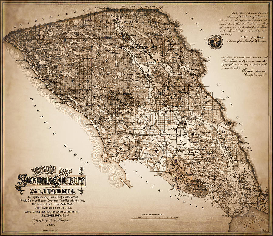 Vintage Photograph - Sonoma County California Vintage Map 1884 Sepia  by Carol Japp