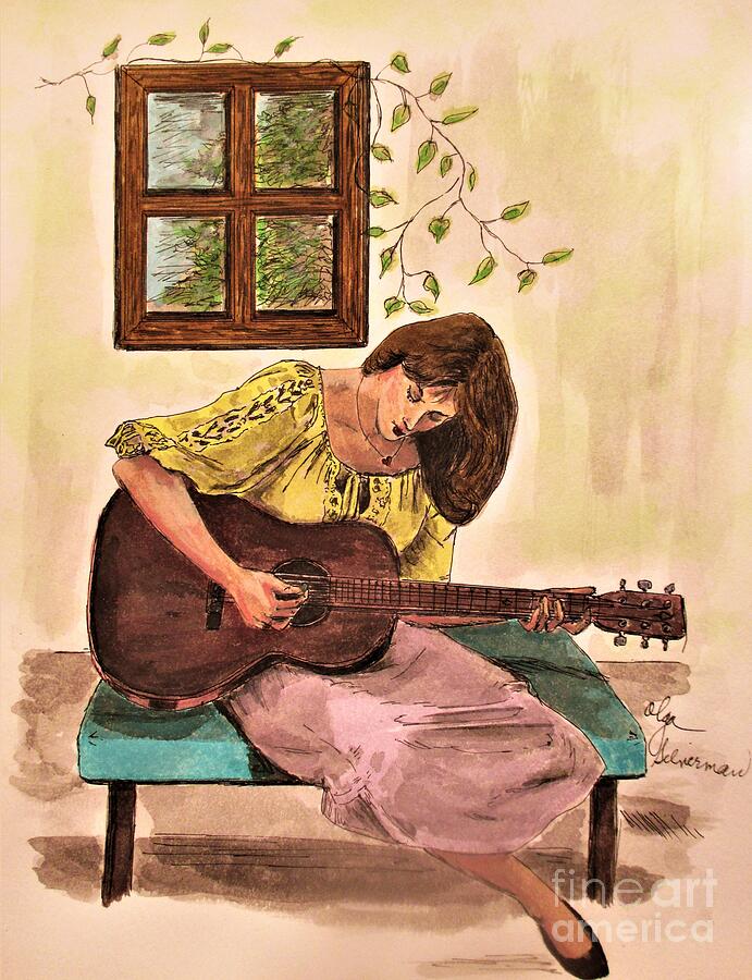 Soothing Sounds With a Guitar Drawing by Olga Silverman