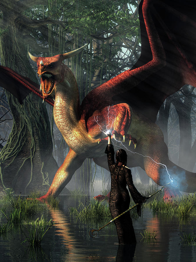Sorceress Battling a Dragon Digital Art by Daniel Eskridge