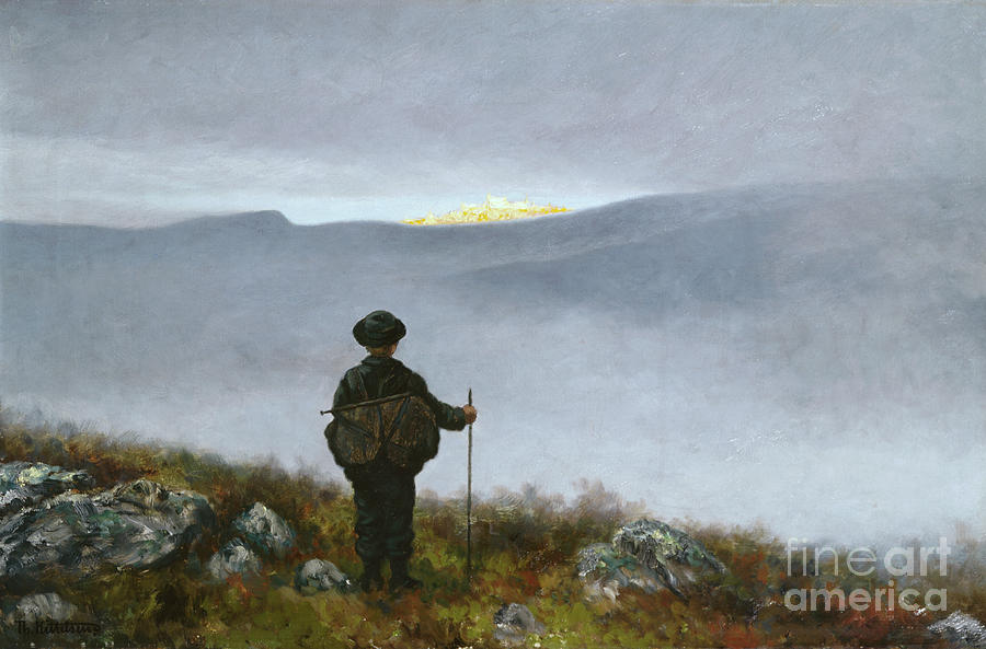 Soria Moria, Far Far far away Soria Moria castle shimmered like Gold, 1900 Painting by O Vaering by Theodor Kittelsen