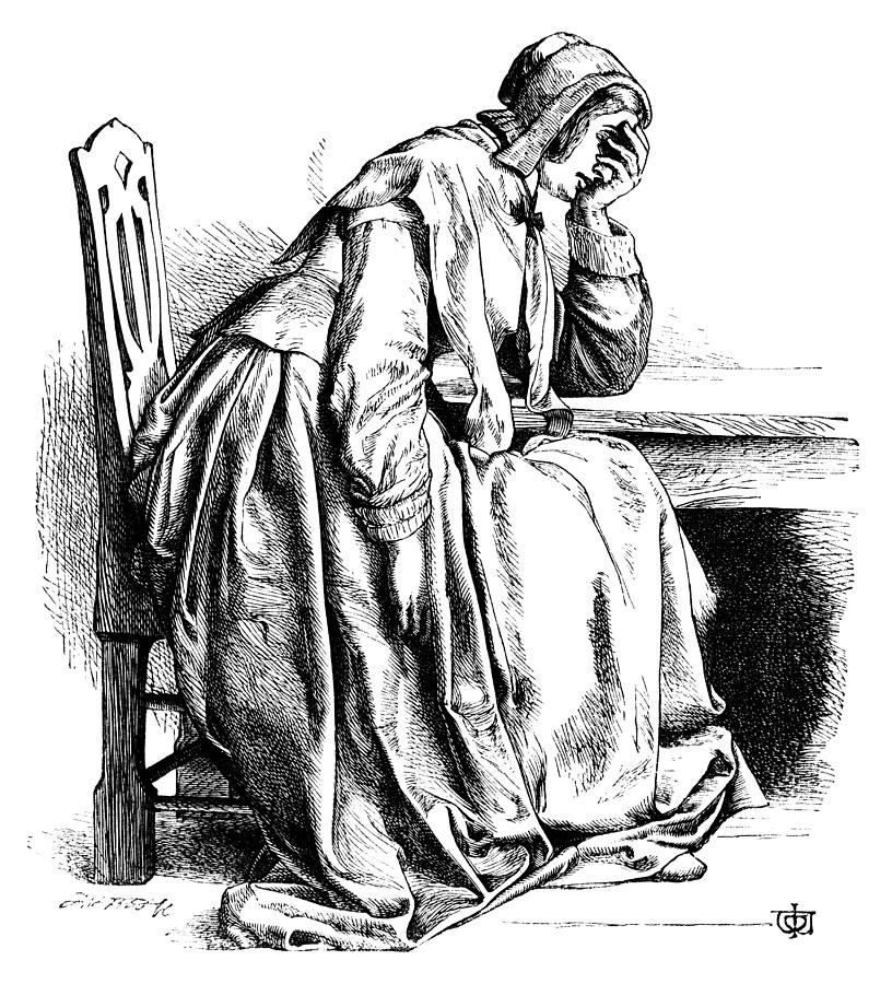 Sorrowful woman sitting at a table Drawing by Whitemay