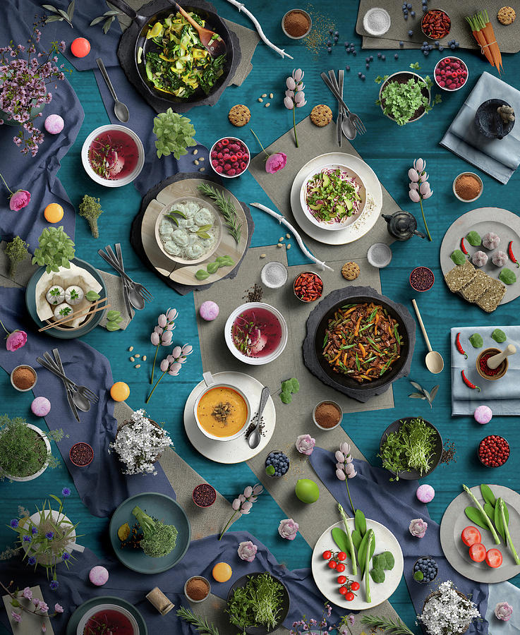 Soup Salad Vegetables Dumplings Meat And Dessert  Photograph by Johanna Hurmerinta