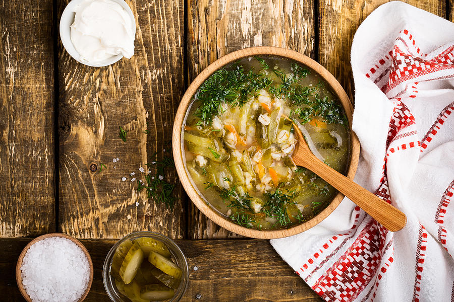 Soup with sour pickles and barley. Ukrainian cuisine Photograph by Istetiana