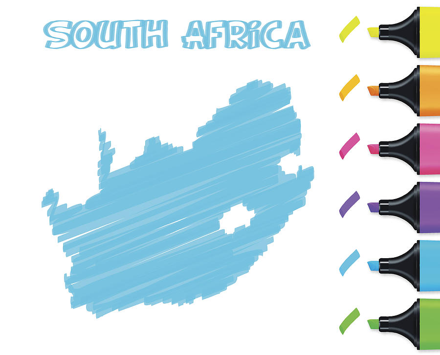 South Africa map hand drawn on white background, blue highlighter Drawing by Bgblue