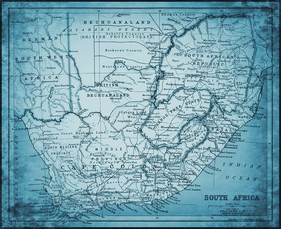 Vintage Photograph - South Africa Vintage Historical Map 1899 Blue by Carol Japp