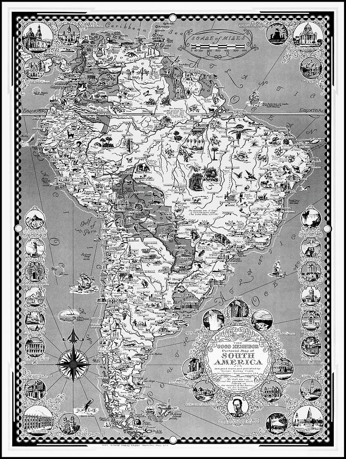 Vintage Photograph - South America Vintage Pictorial Map 1942 Black and White  by Carol Japp