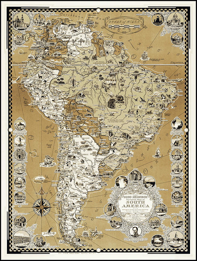 Vintage Photograph - South America Vintage Pictorial Map 1942 Sepia  by Carol Japp