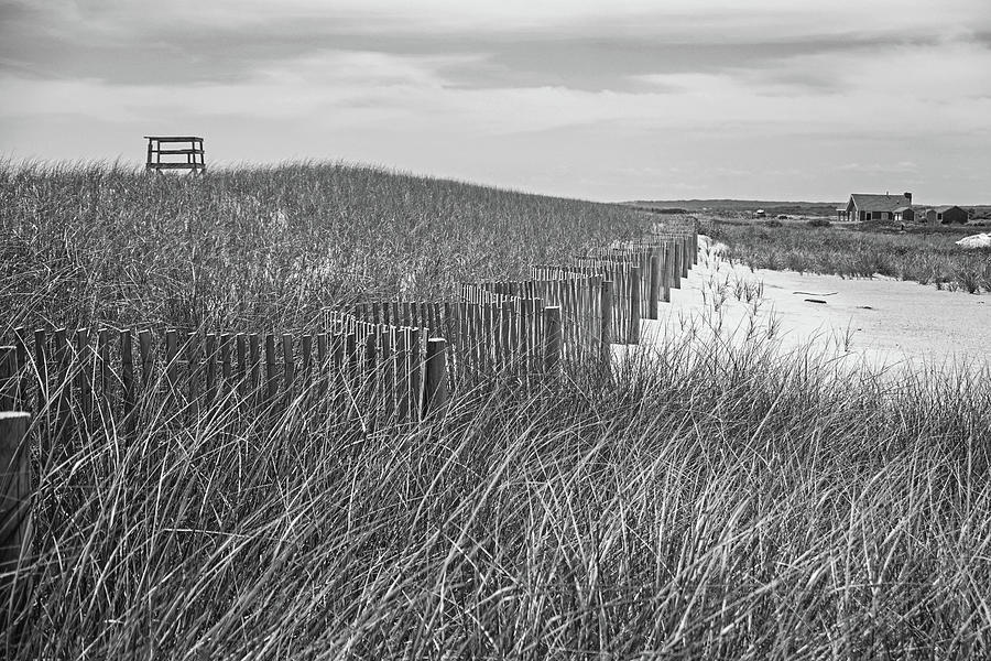 South Beach Edgartown Massachusetts Zig Zag Wooden Fence and Lifeguard Chair Black and White Photograph by Toby McGuire