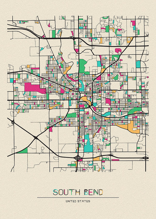 Memento Movie Drawing - South Bend, Indiana City Map by Inspirowl Design