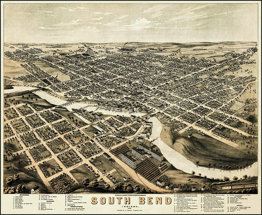 South Bend Indiana Vintage Map Birds Eye View 1874 Photograph by Carol ...