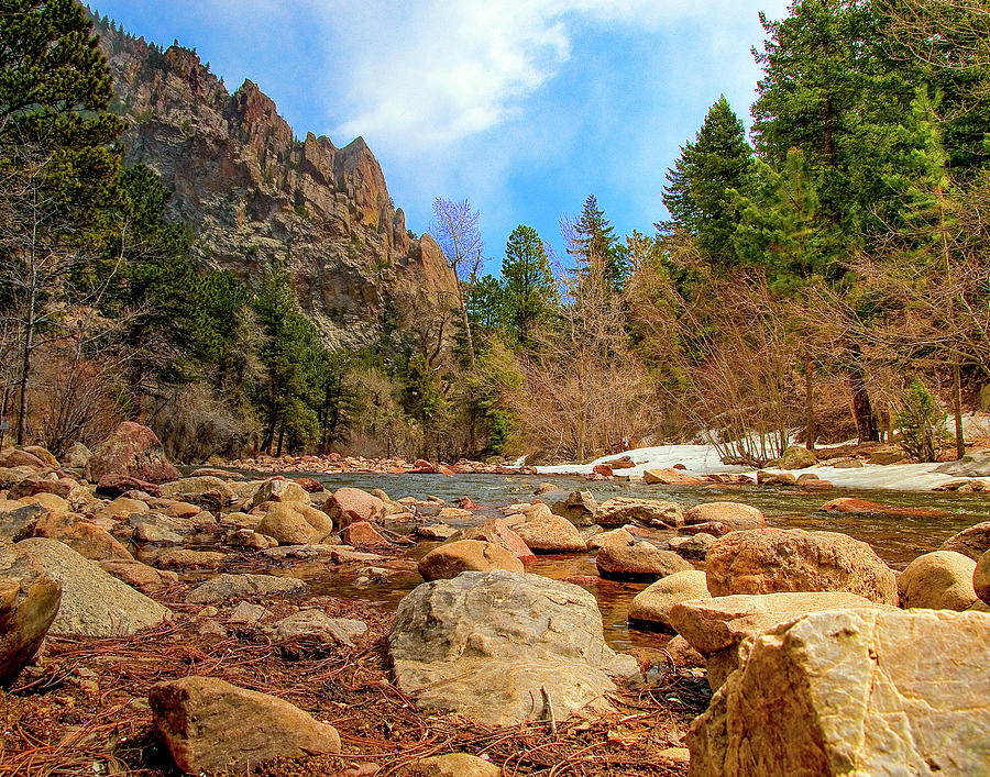 South Boulder Creek, Rocky river bank leads to flowing river in Colorado Rocky Mountain valley  Photograph by Tom Potter