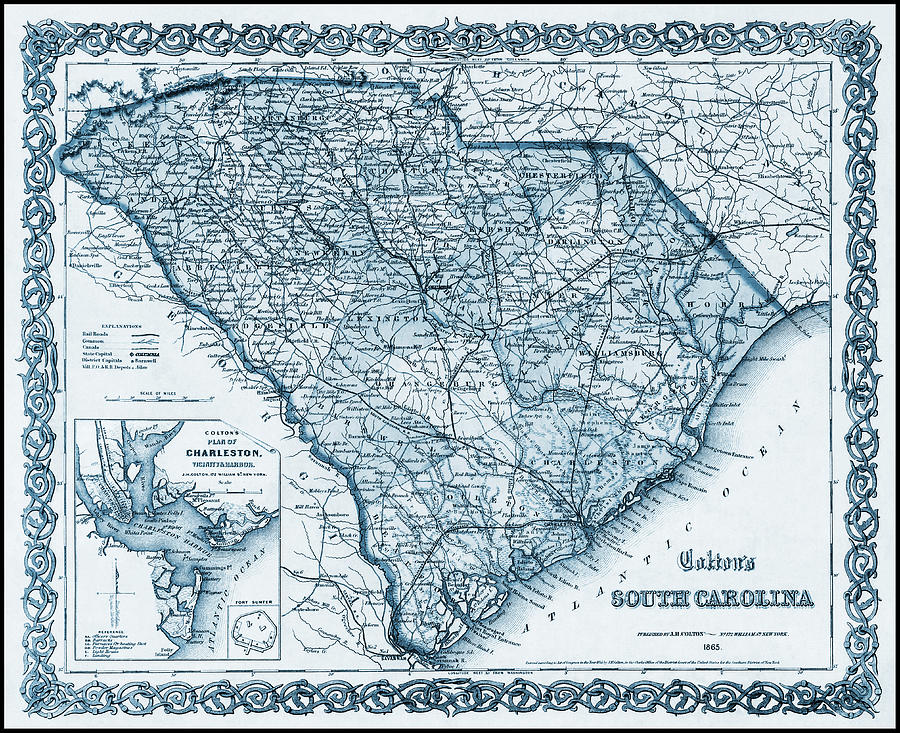 Vintage Photograph - South Carolina Antique Map 1865 Blue  by Carol Japp