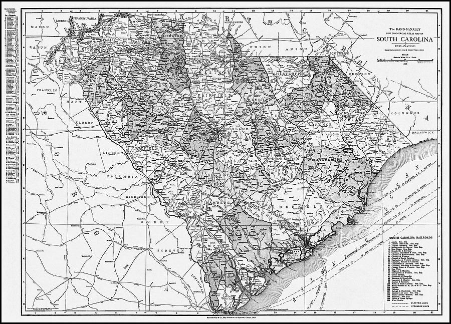 Vintage Photograph - South Carolina Vintage Map 1913 Black and White by Carol Japp