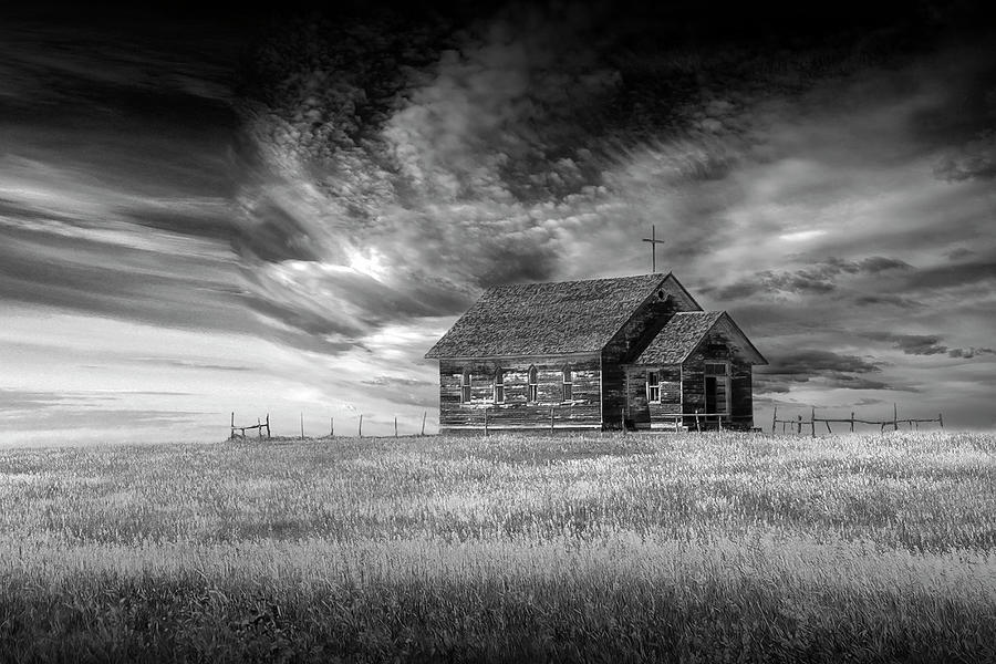 South Dakota Rural Country Church on the Prairie in Black and Wh Photograph by Randall Nyhof