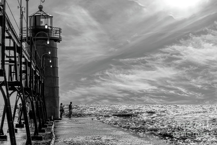South Haven Light Evening Grayscale Photograph by Jennifer White