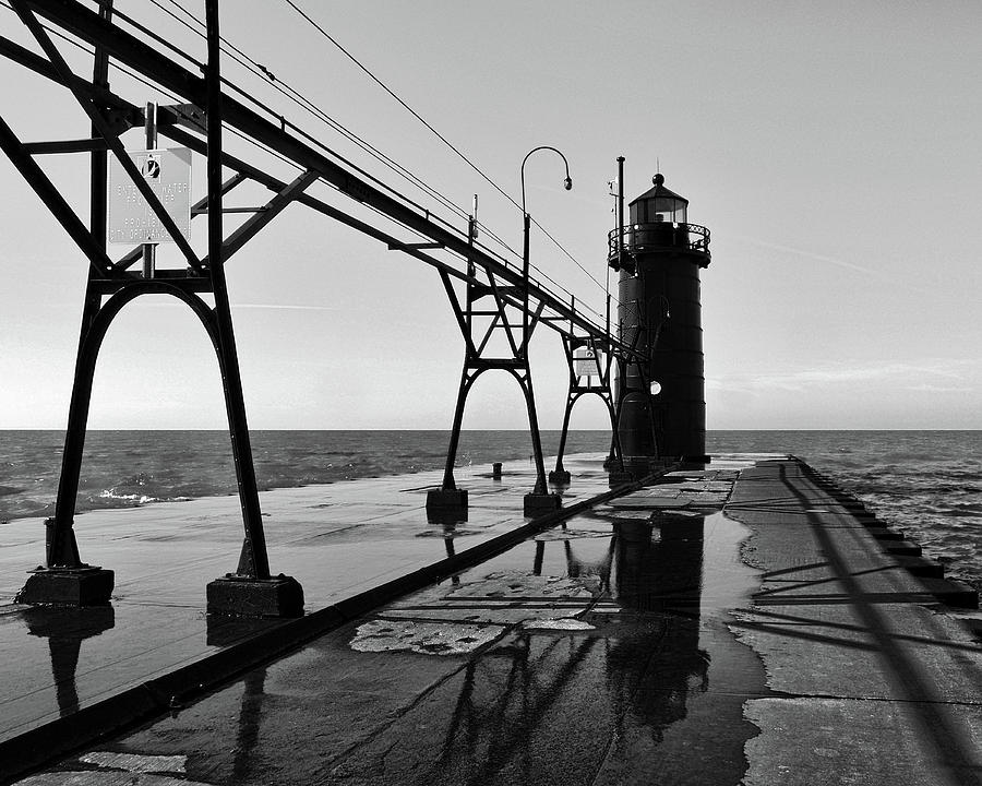 South Haven Pierhead Light Reflection BW Photograph by Bill Swartwout