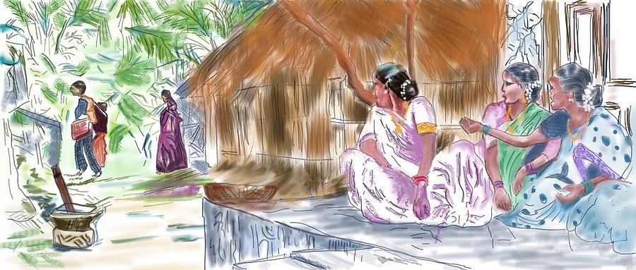 Indian Village Woman Making Food In Ancient Or Old Kitchen Poor Indian  Aged Woman Making Food In A Mud Cooking Stove  Indian Village Kitchen  Vector Illustration Sketch Drawing Royalty Free SVG