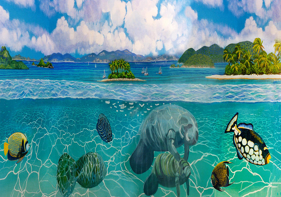 South Pacific Paradise with Manatees Pillow Version Painting by Bonnie Siracusa