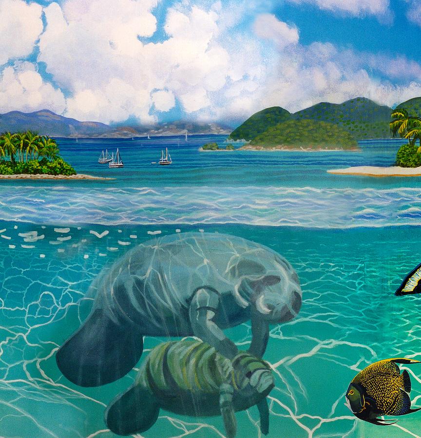 South Pacific Paradise with Manatees Shower Curtain B Painting by Bonnie Siracusa