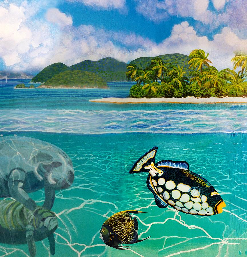South Pacific Paradise with Manatees Shower Curtain C Painting by Bonnie Siracusa