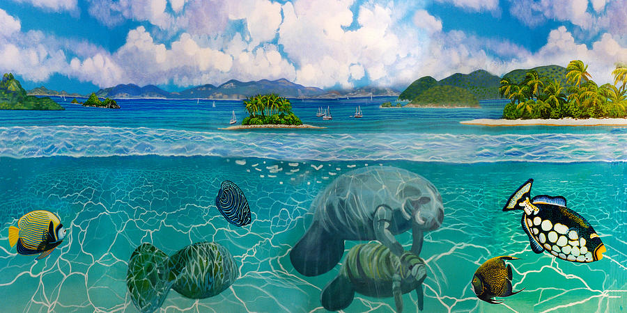 South Pacific Paradise with Manatees Towel Version Painting by Bonnie Siracusa