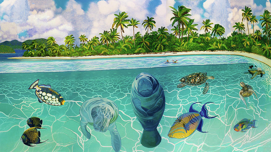 South Pacific Paradise with Sea Turtles Painting by Bonnie Siracusa