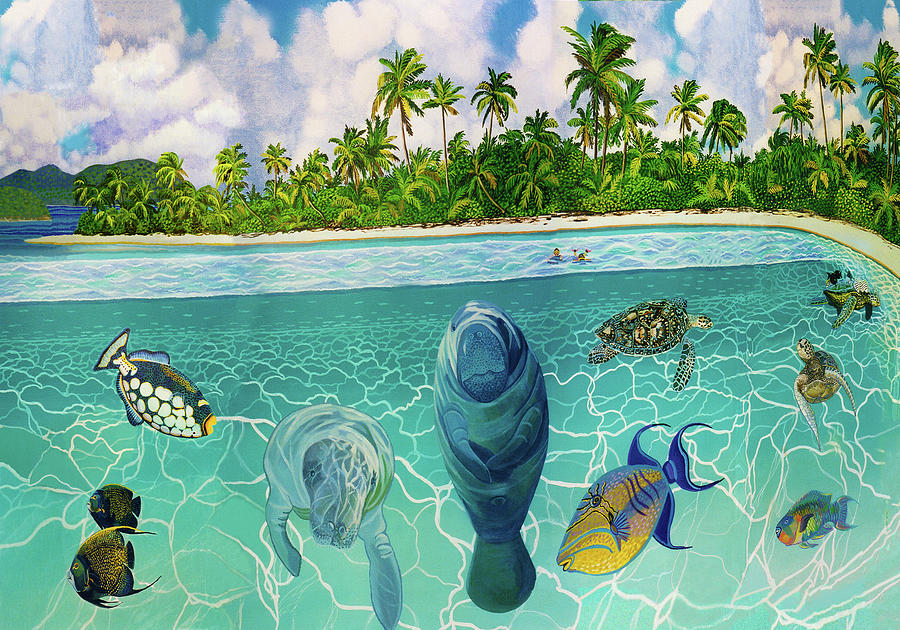 South Pacific Paradise with Sea Turtles Pillow Version Painting by Bonnie Siracusa