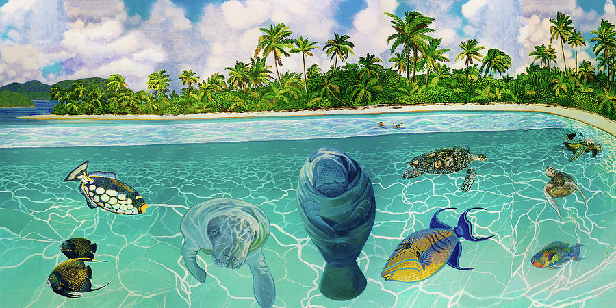 South Pacific Paradise with Sea Turtles Towel Version Painting by Bonnie Siracusa