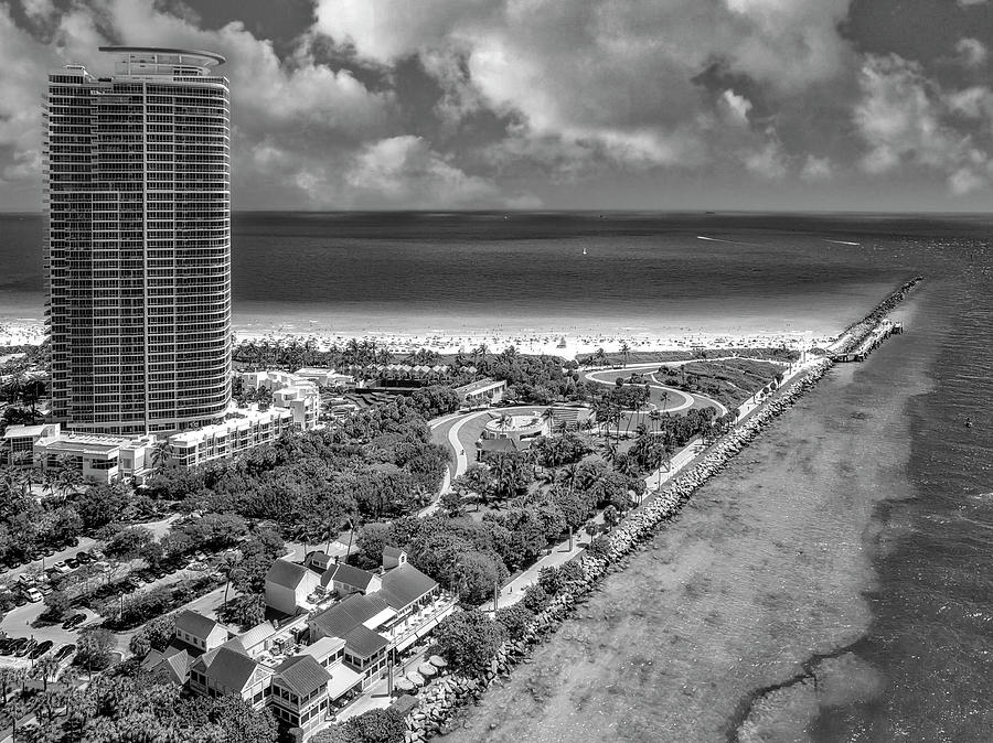 South Pointe Beach FL Aerial BW Photograph by Susan Candelario