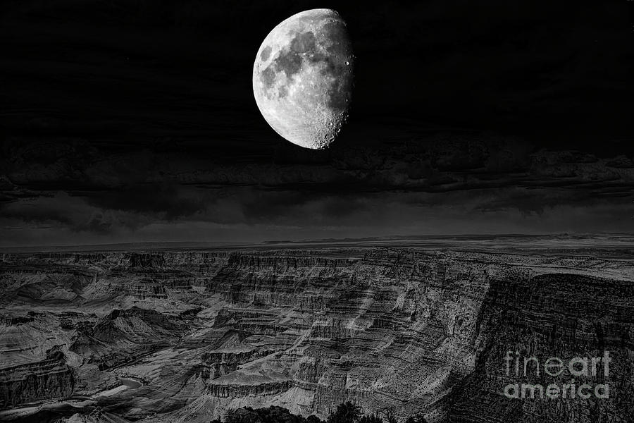 South Rim Super Moon Black White  Photograph by Chuck Kuhn