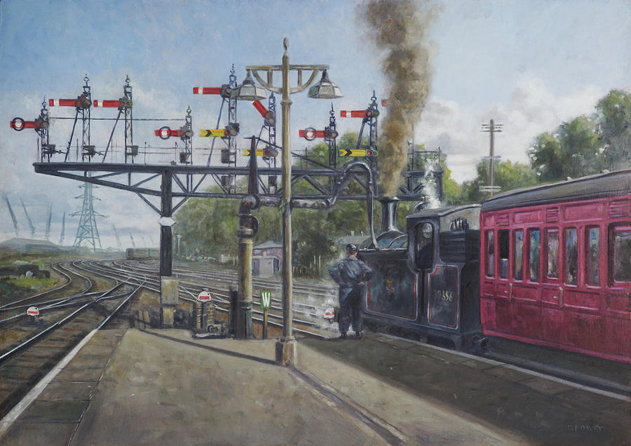 Train Painting - Southampton Central railway station signal gantry 1950s by Martin Davey