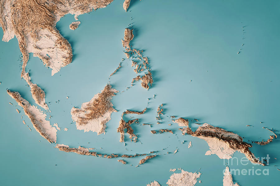 Southeast Asia Topographic Map Horizontal 3d Render Neutral Digital Art By Frank Ramspott Fine 7747
