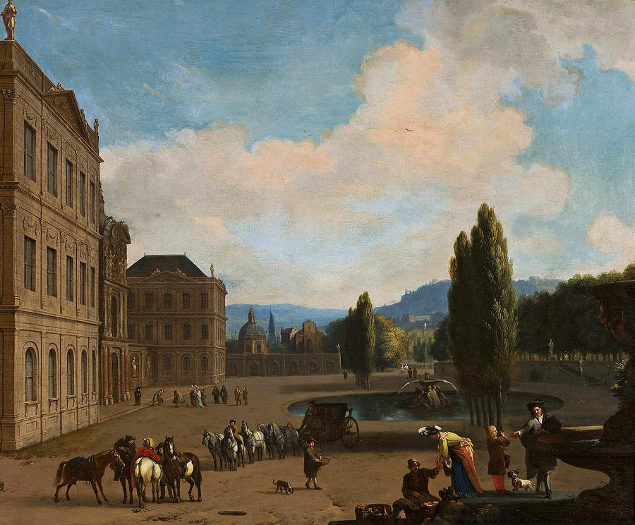 Southern landscape with companionship in a park and a large country house Painting by Attributed to  Jan van Huchtenburgh