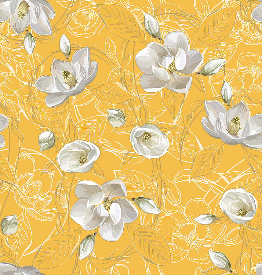 Southern Magnolia Pattern on Mustard Yellow Drawing by L Diane Johnson