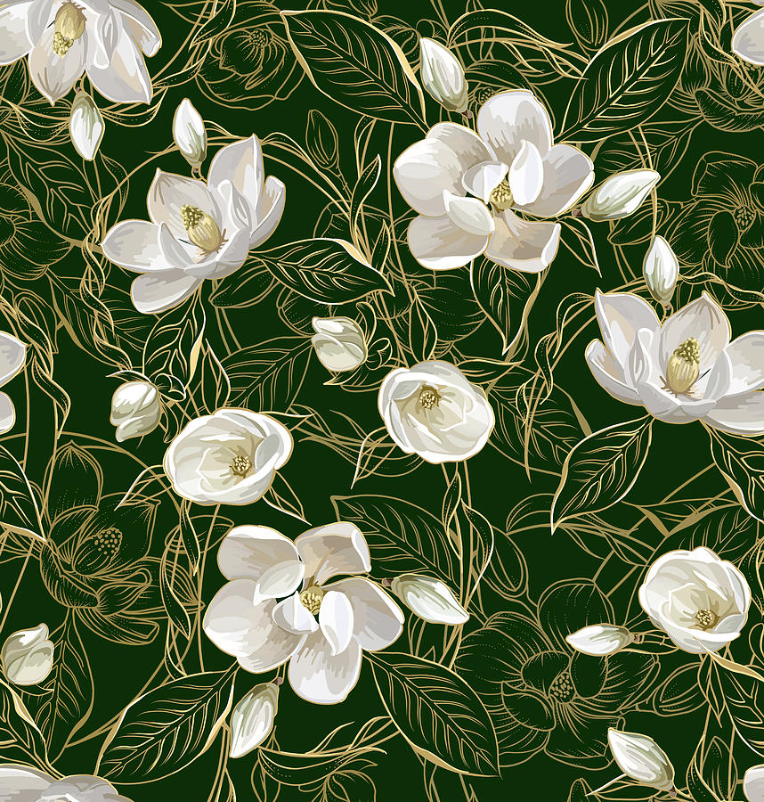 Southern Magnolias on Deep Green Drawing by L Diane Johnson