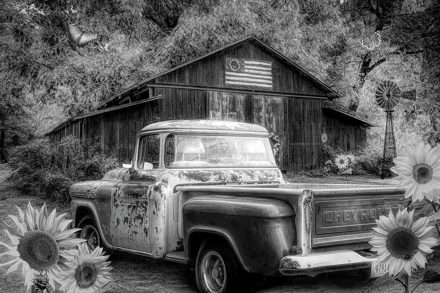 Southern Vintage in Sunflowers Black and White Photograph by Debra and Dave Vanderlaan
