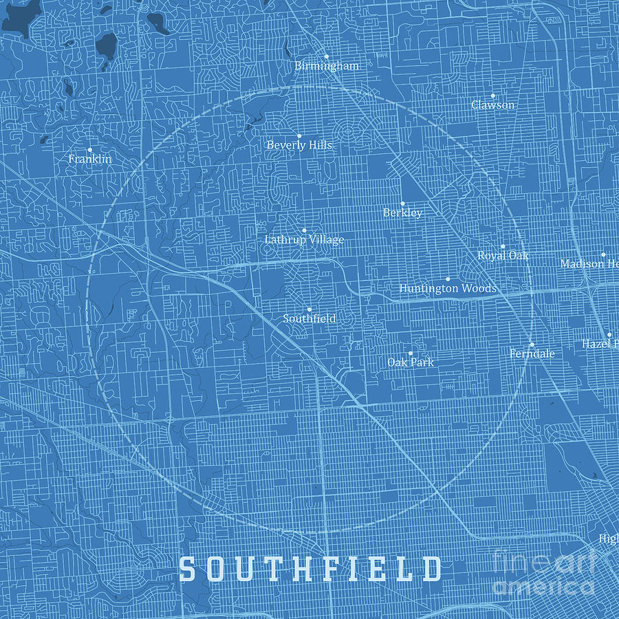 Southfield MI City Vector Road Map Blue Text Digital Art by Frank ...