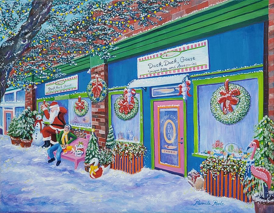 Southport Christmas With Snow and Dancing Santa Painting by Pamela Poole
