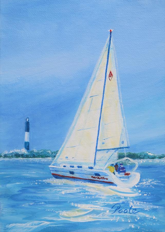 Southport Sails At Oak Island Lighthouse Painting by Pamela Poole