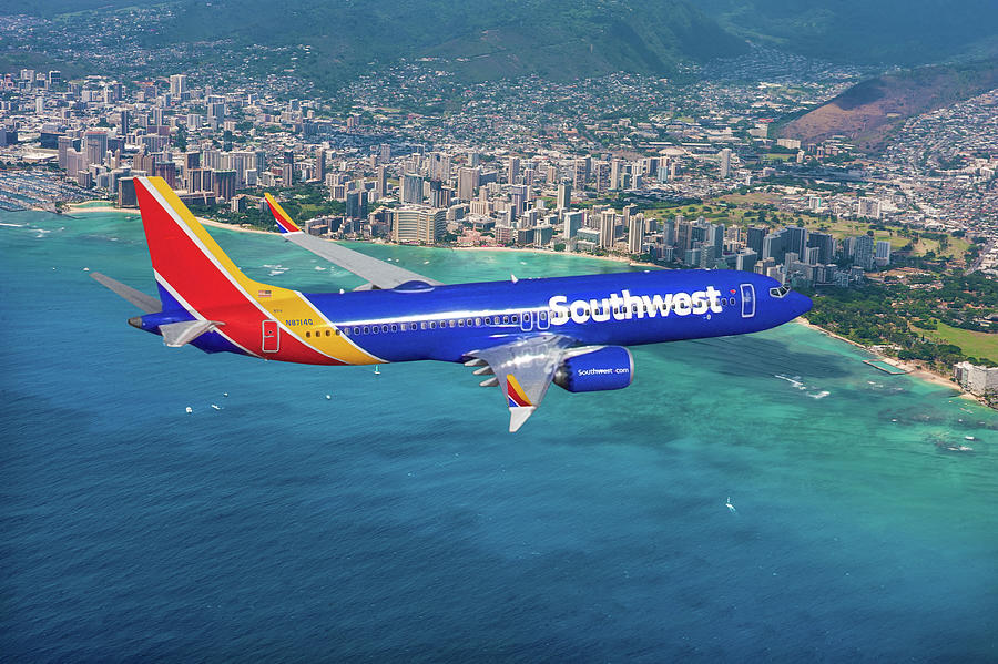 Southwest Airlines Boeing 737 MAX 8 Over Waikiki Hawaii Mixed Media by Erik Simonsen