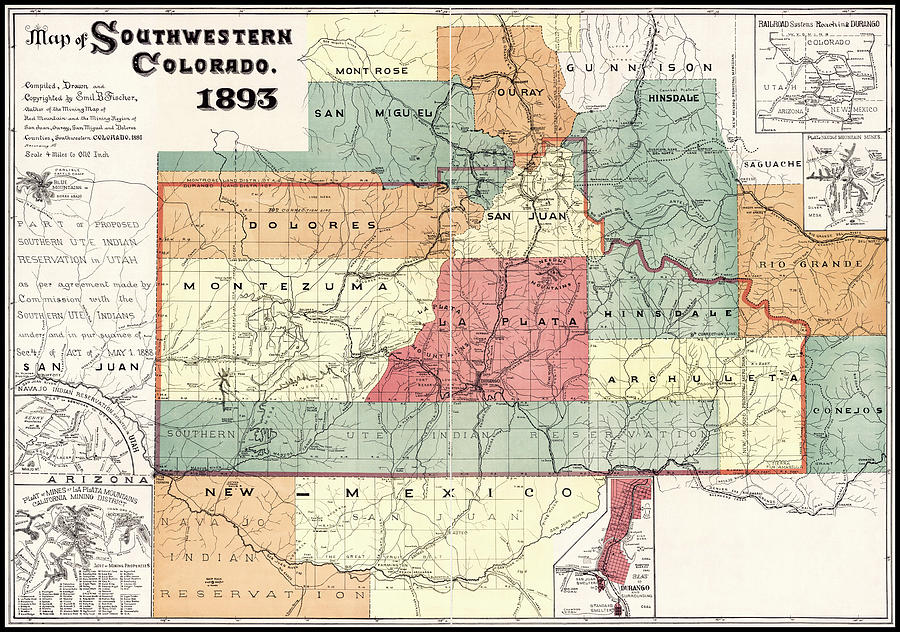 Colorado Map Photograph - Southwestern Colorado Vintage Map 1893  by Carol Japp