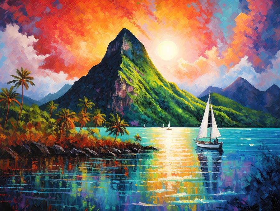 Sunset Painting - Southwestern- Piton- St Lucia by Simone Edward Artwork