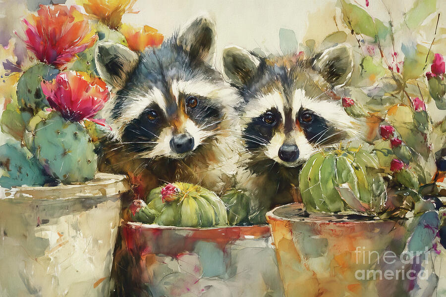 Southwestern Raccoons Painting by Tina LeCour Southwestern Raccoons Painting by Tina LeCour