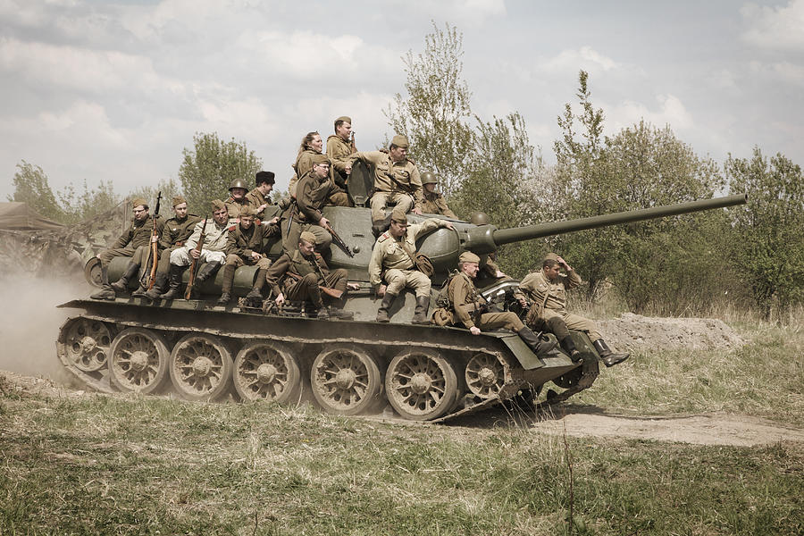 Soviet tank T-34 with group of Red Army soldiers Photograph by Narvikk