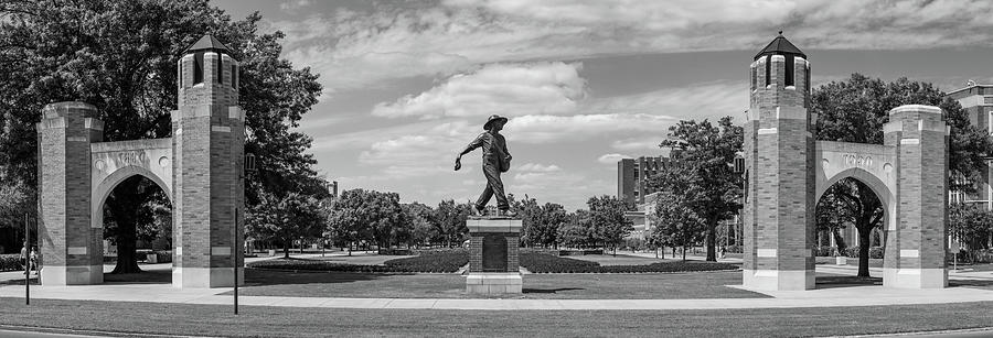 Sower Statue on the campus of the University of Oklahoma in panoramic black and white Photograph by Eldon McGraw