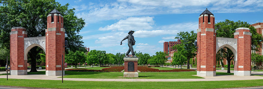 Sower Statue on the campus of the University of Oklahoma panoramic view Photograph by Eldon McGraw