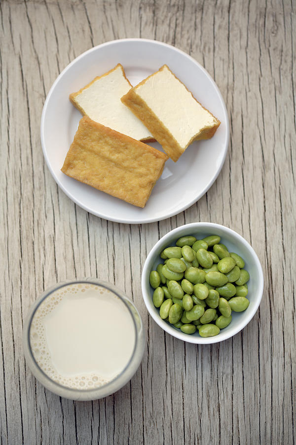 Soy milk, beans and tofu Photograph by John Block