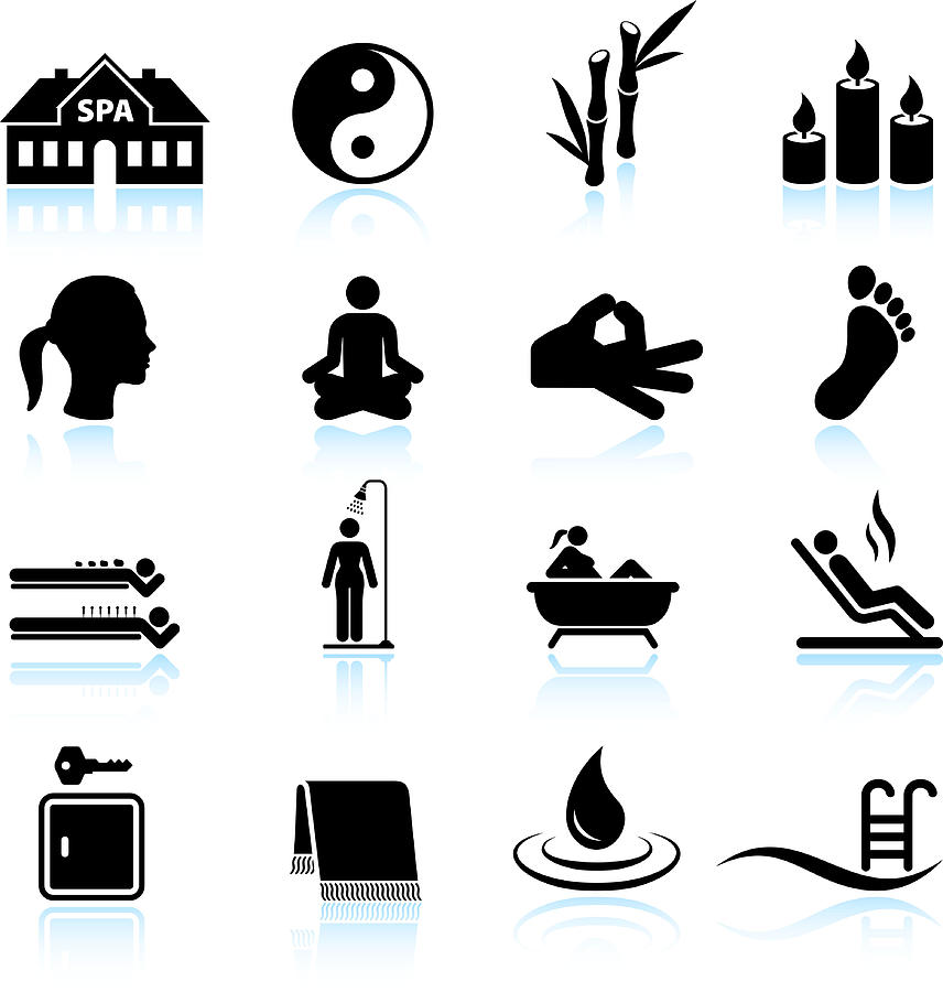 Spa Meditation and relaxation black & white icon set Drawing by Bubaone