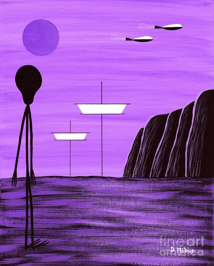 Space Alien Visits Purple Planet Painting by Donna Mibus