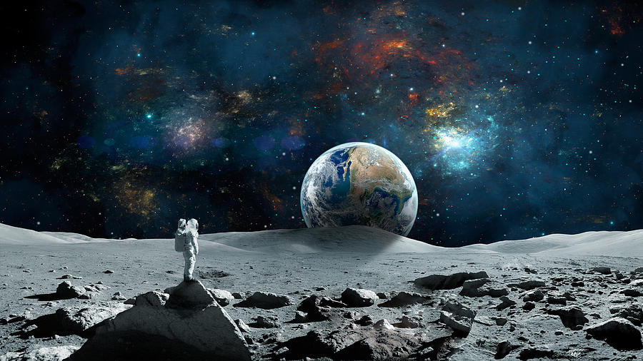 Space Digital Art - Space background. Astronaut standing on moon surface with earth  by Tomas Novy